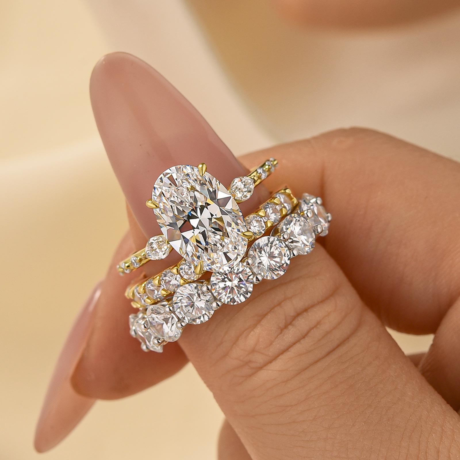 3PC Wedding Ring Set 4.0Ct Oval Cut Engagement Ring With Classic Wedding Band