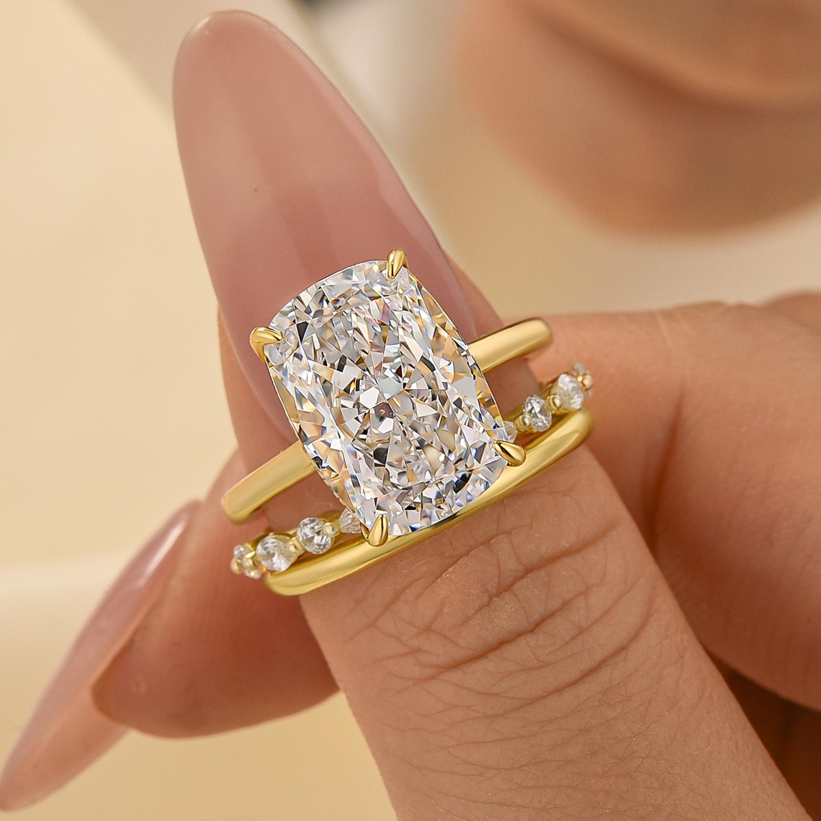 3PC Wedding Ring Set 8.5Ct Cushion Cut Hidden Halo Engagement Ring With Elegant Wedding Band