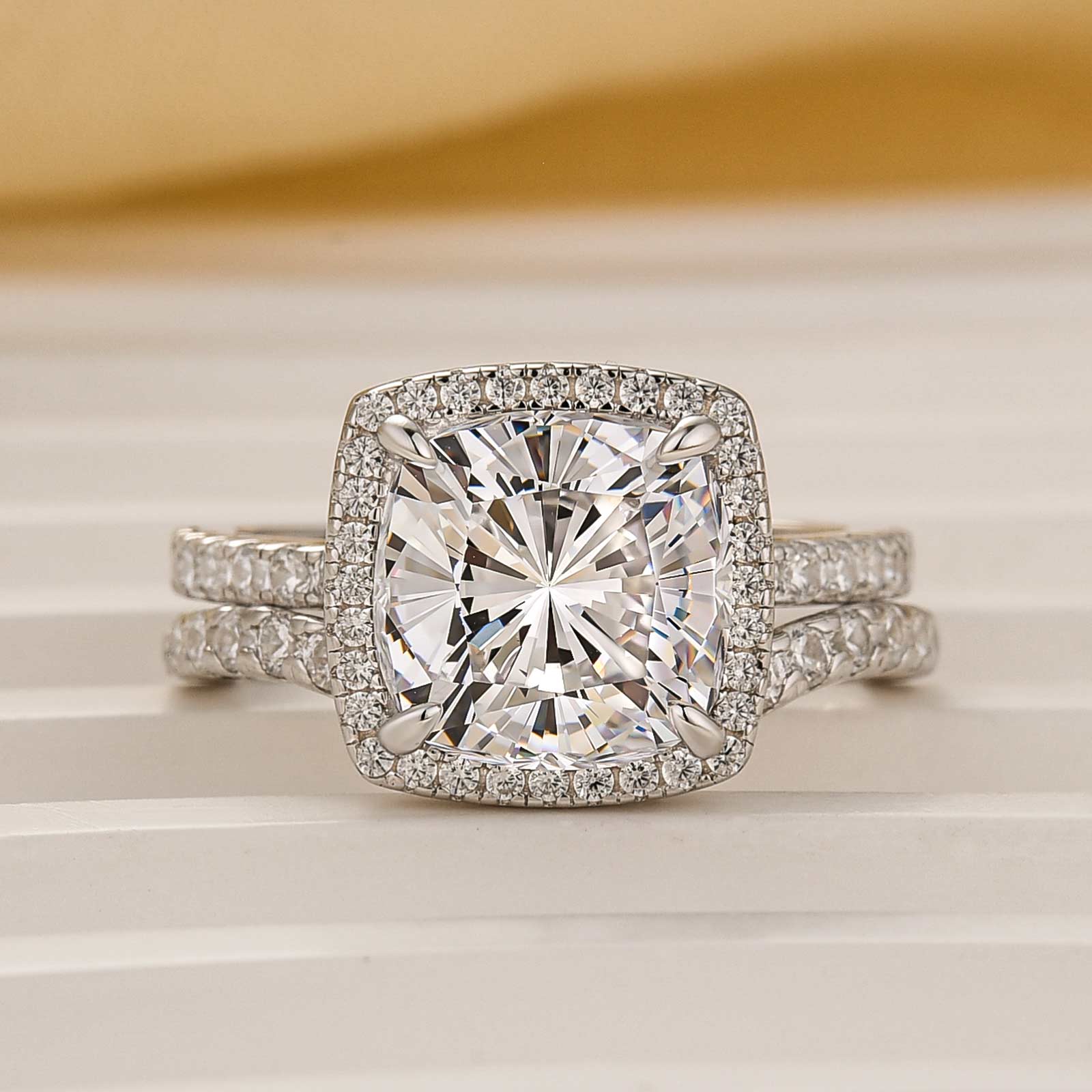 3.5 Carat Cushion Cut Halo Wedding Ring Set With Curved Wedding Band