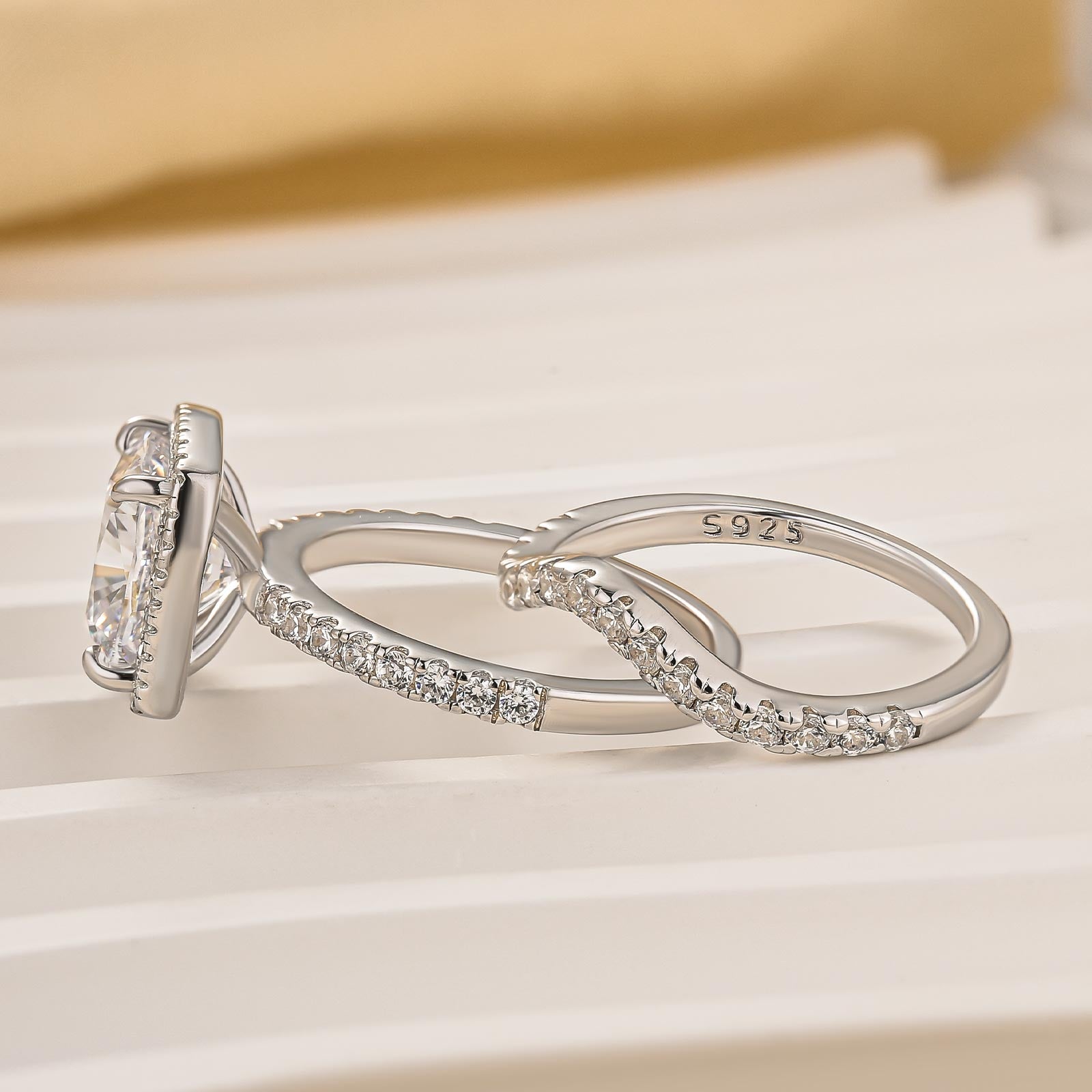 3.5 Carat Cushion Cut Halo Wedding Ring Set With Curved Wedding Band