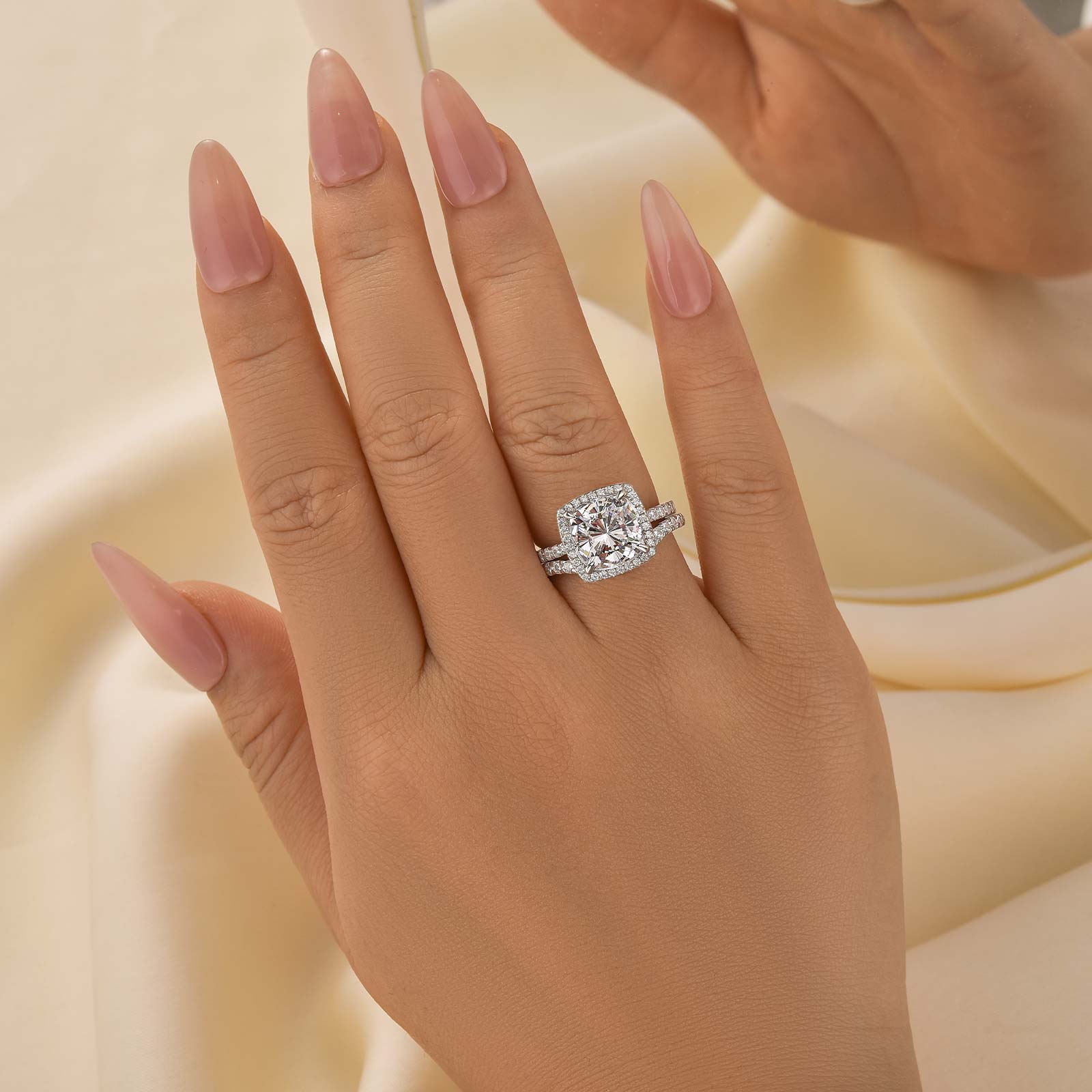 3.5 Carat Cushion Cut Halo Wedding Ring Set With Curved Wedding Band