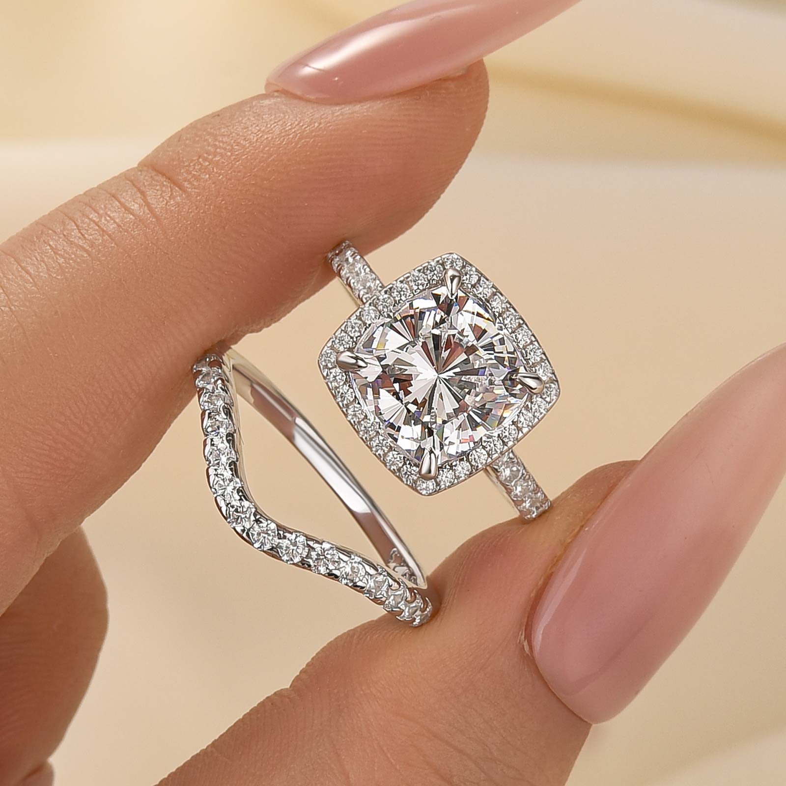 3.5 Carat Cushion Cut Halo Wedding Ring Set With Curved Wedding Band