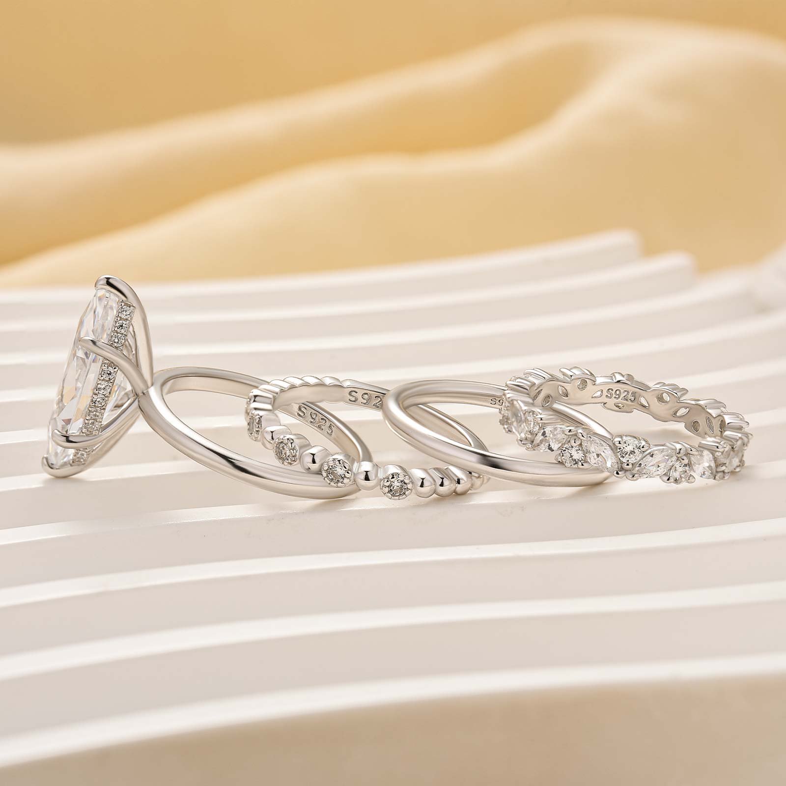 S925 4PC 4.0Ct Solitaire Marquise Cut White Gold Wedding Ring Set - louilyjewelry