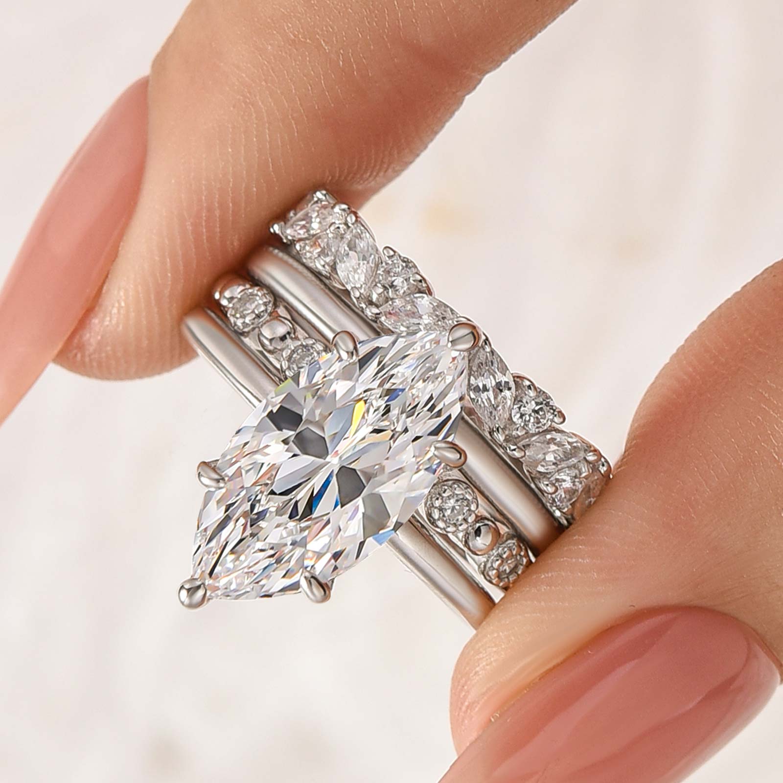 S925 4PC 4.0Ct Solitaire Marquise Cut White Gold Wedding Ring Set - louilyjewelry