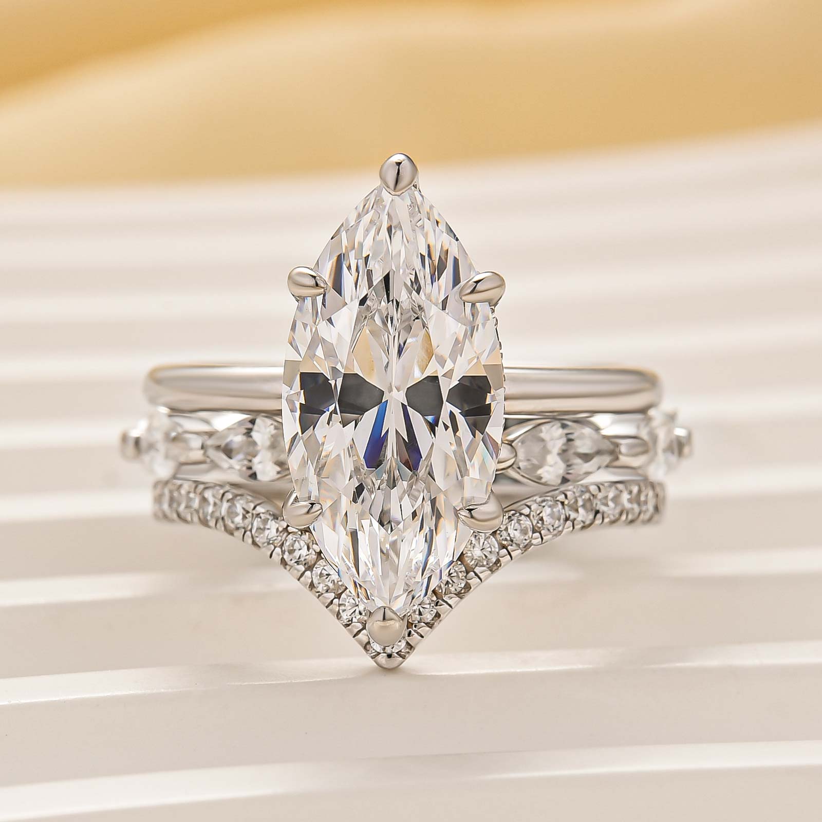 S925 4.0Ct Solitaire Marquise Cut Engagement Ring with Curve Wedding Band - louilyjewelry