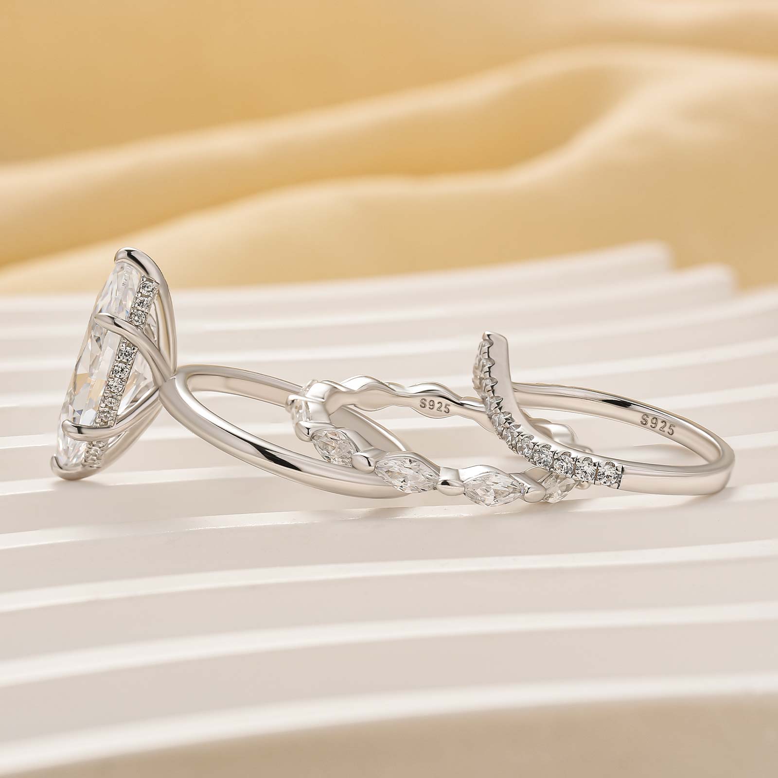 S925 4.0Ct Solitaire Marquise Cut Engagement Ring with Curve Wedding Band - louilyjewelry