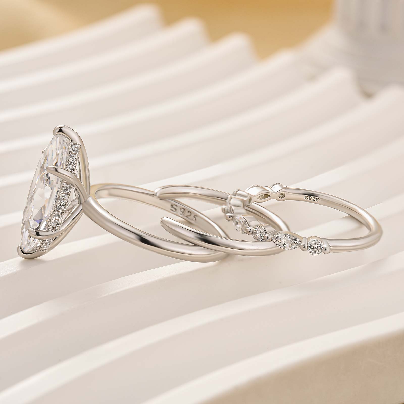 S925 4.0Ct Solitaire Marquise Cut Engagement Ring with Open Wedding Band - louilyjewelry