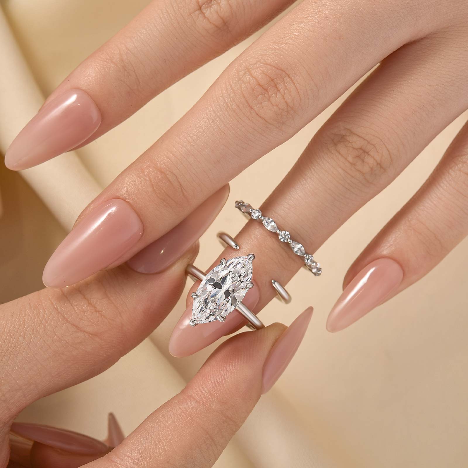 S925 4.0Ct Solitaire Marquise Cut Engagement Ring with Open Wedding Band - louilyjewelry