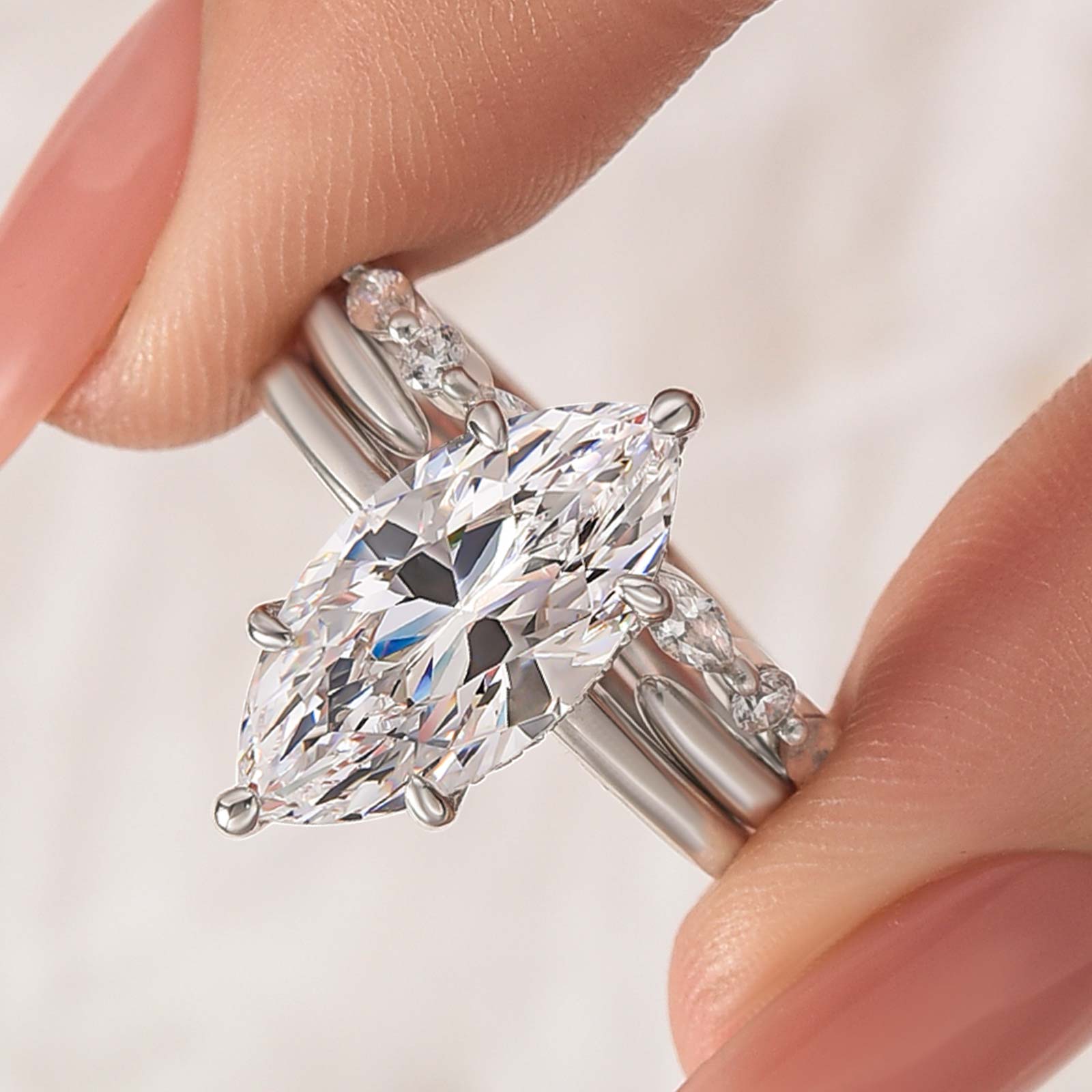 S925 4.0Ct Solitaire Marquise Cut Engagement Ring with Open Wedding Band - louilyjewelry