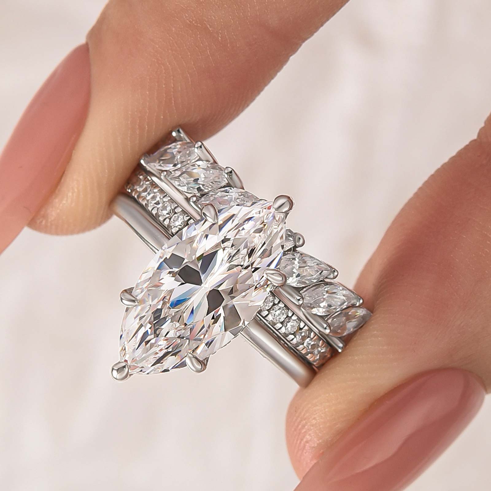 S925 3PC 4.0Ct Solitaire Marquise Cut Engagement Ring with Marquise Cut Wedding Band - louilyjewelry