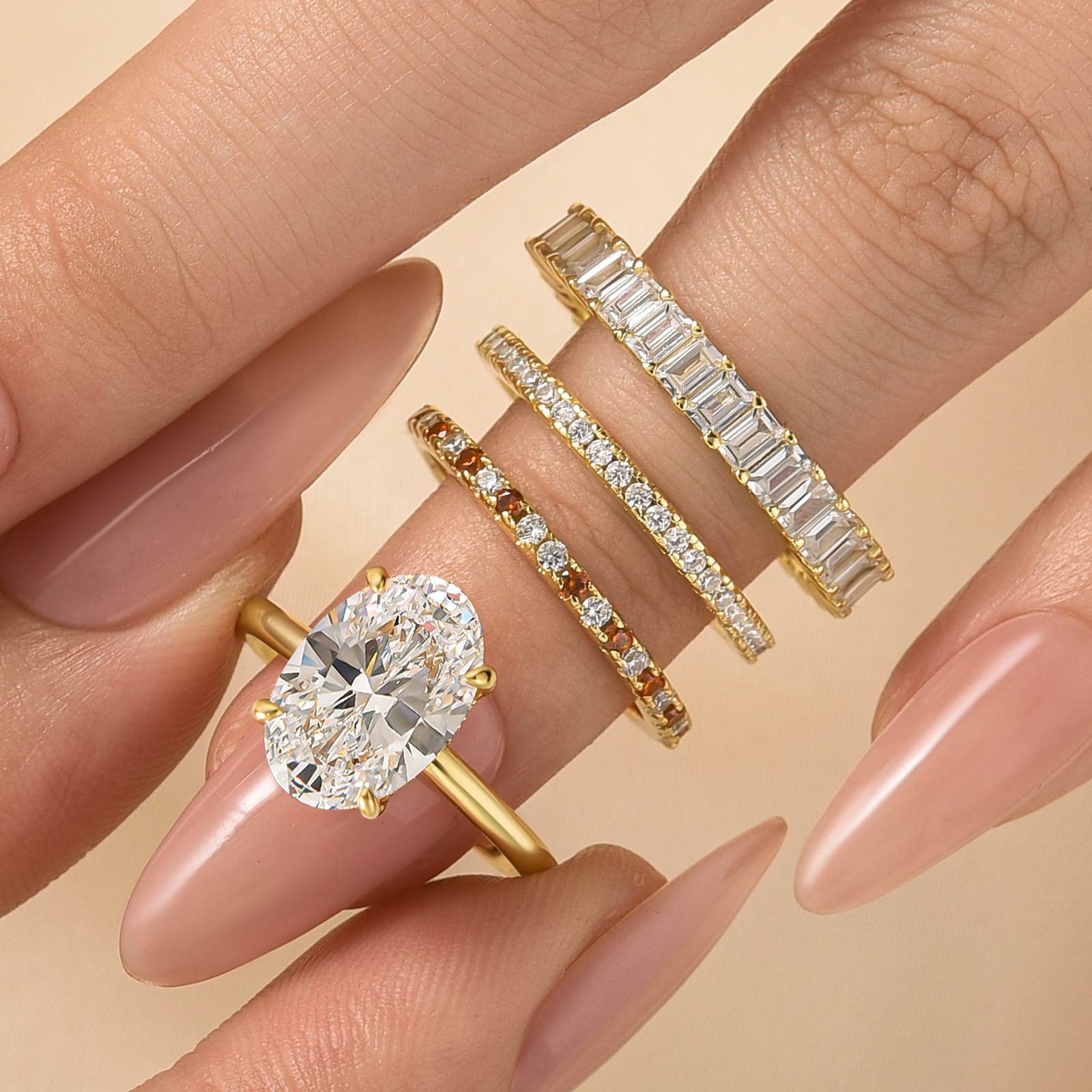 S925 4PC 4.0Ct Oval Cut Yellow Gold Engagement Ring Set with Red&White Color Stone Round Cut Band - louilyjewelry