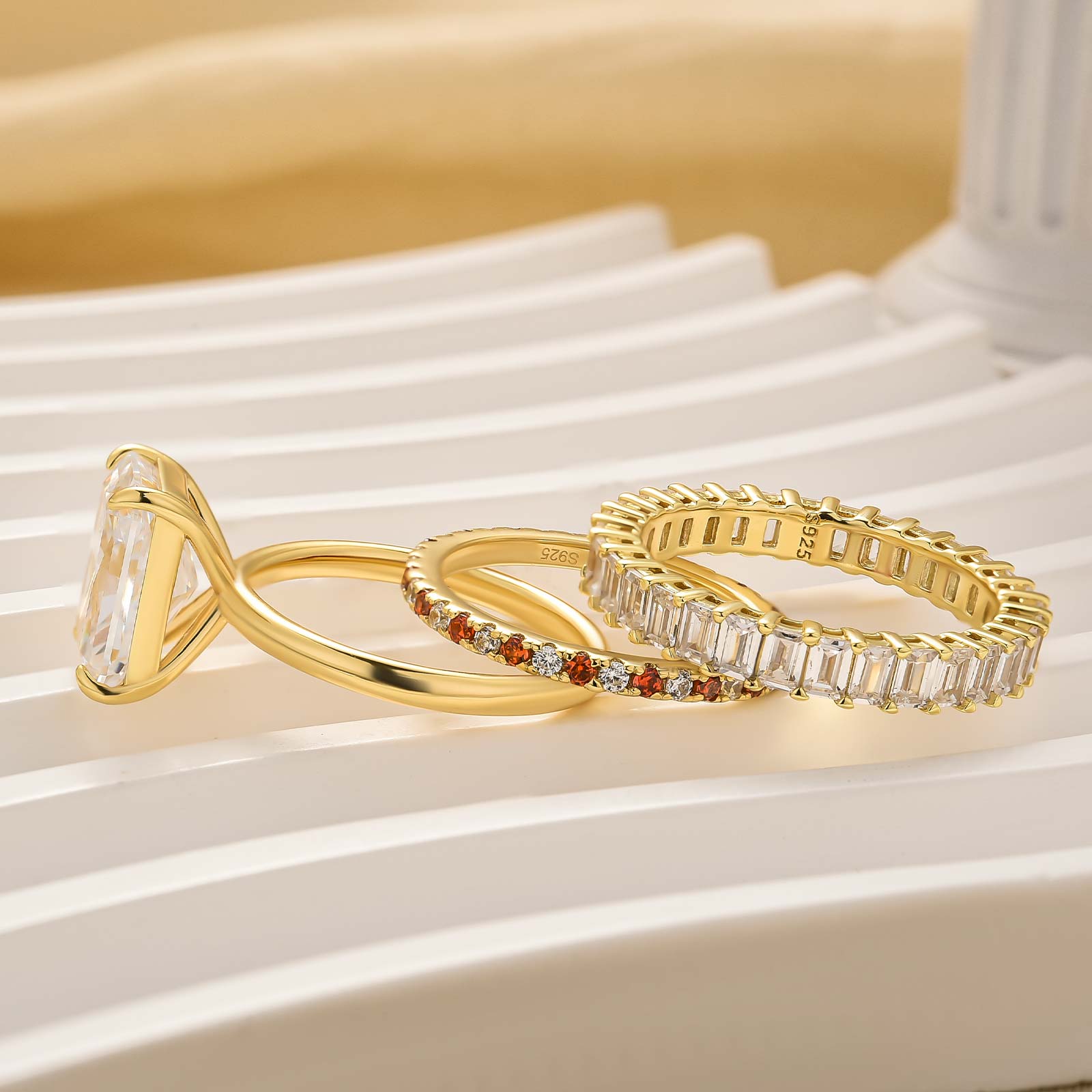 S925 3PC 4.5Ct Radiant Cut Yellow Gold Engagement Ring Set with Red&White Color Stone Round Cut Band - louilyjewelry