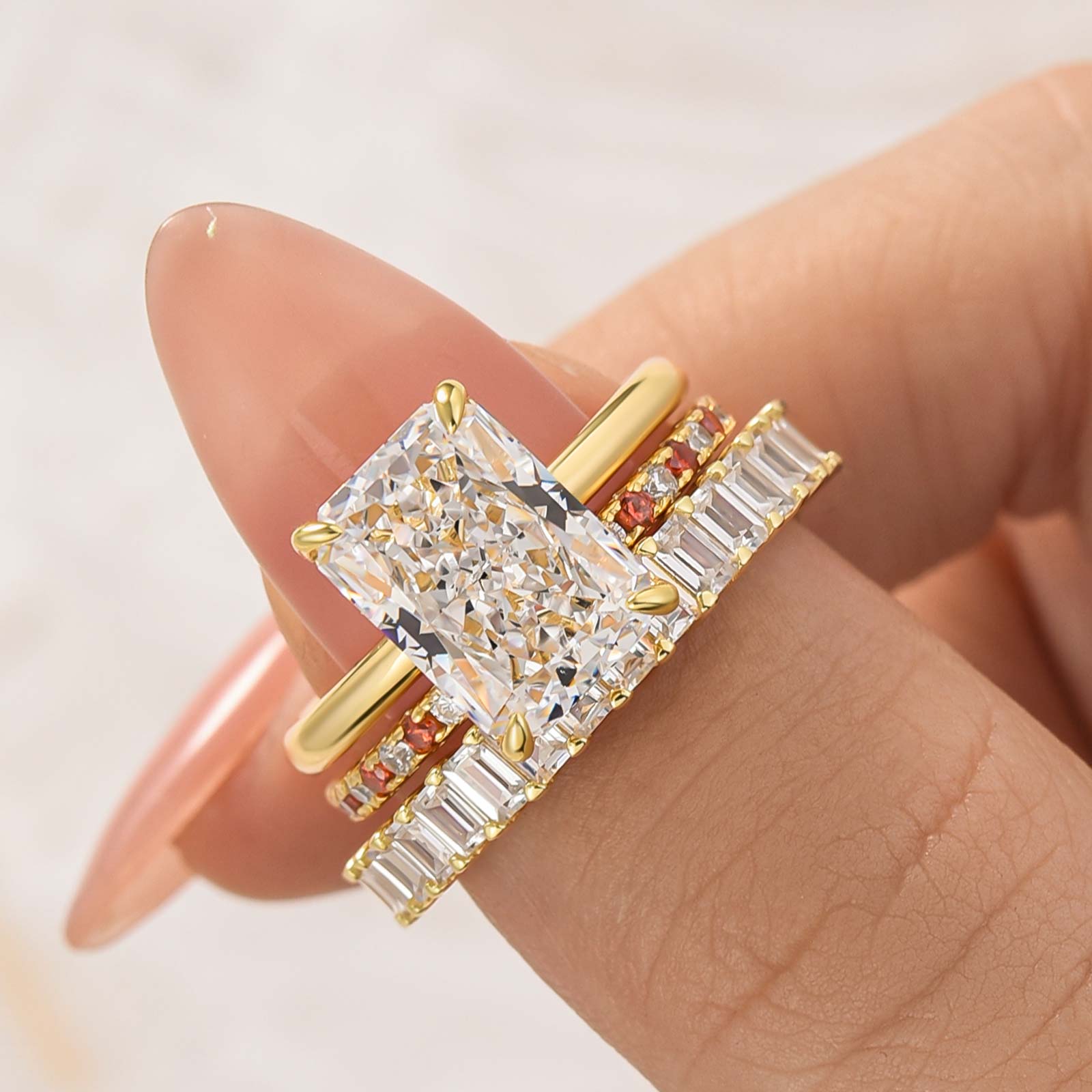 S925 3PC 4.5Ct Radiant Cut Yellow Gold Engagement Ring Set with Red&White Color Stone Round Cut Band - louilyjewelry