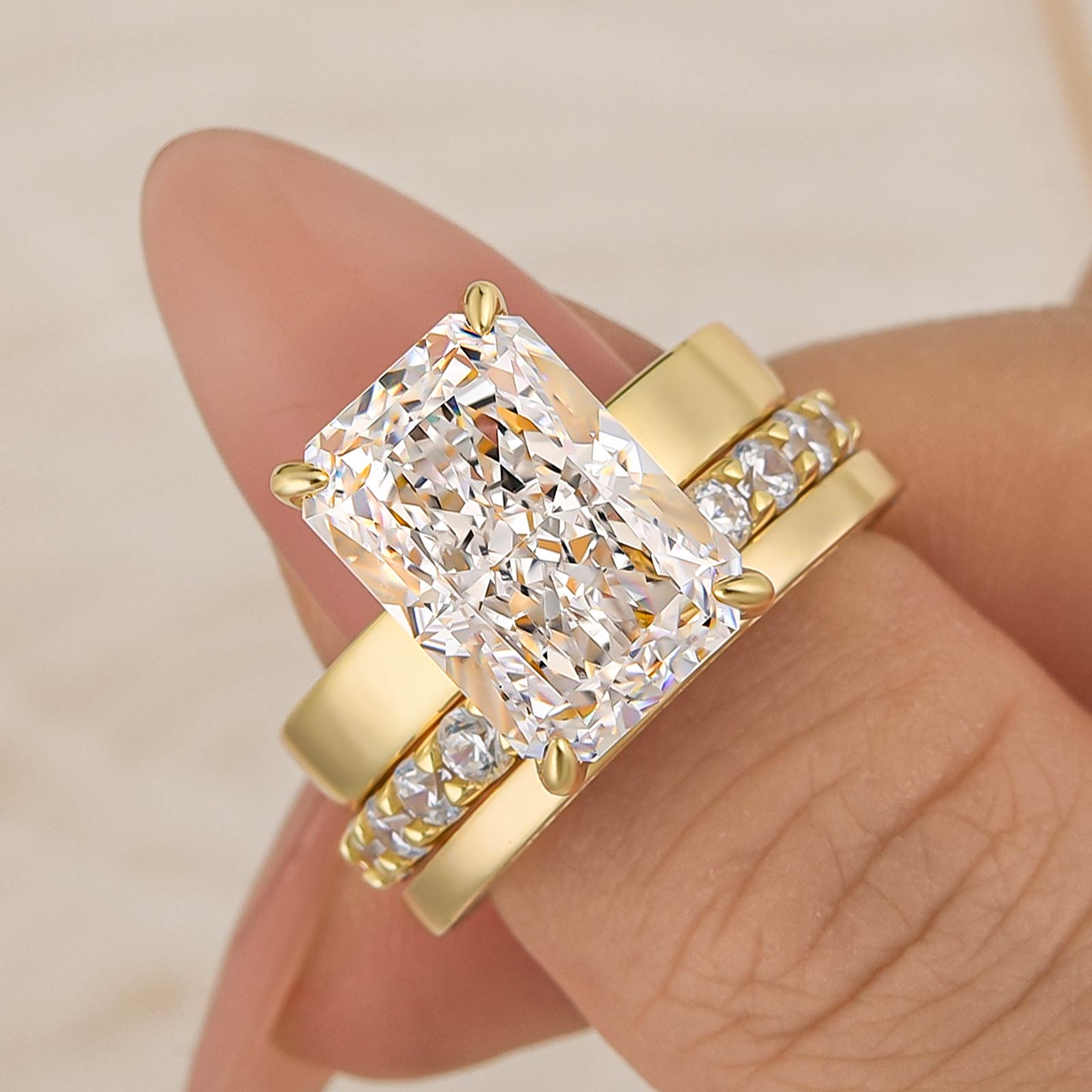 S925 3PC 7.0Ct Radiant Cut Wide Band Yellow Gold Wedding Ring Set - louilyjewelry