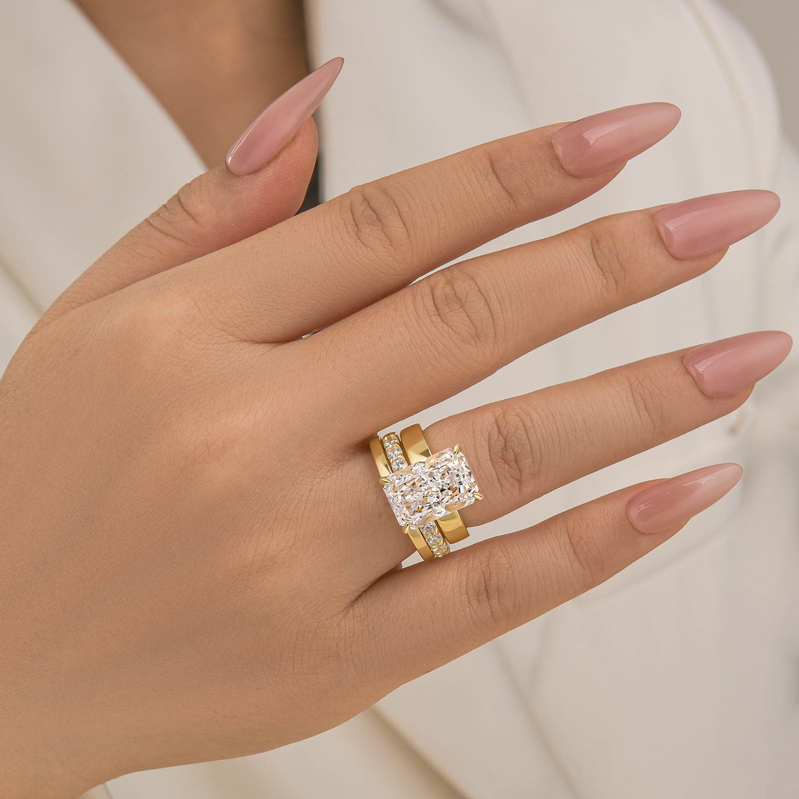 S925 3PC 7.0Ct Radiant Cut Wide Band Yellow Gold Wedding Ring Set - louilyjewelry