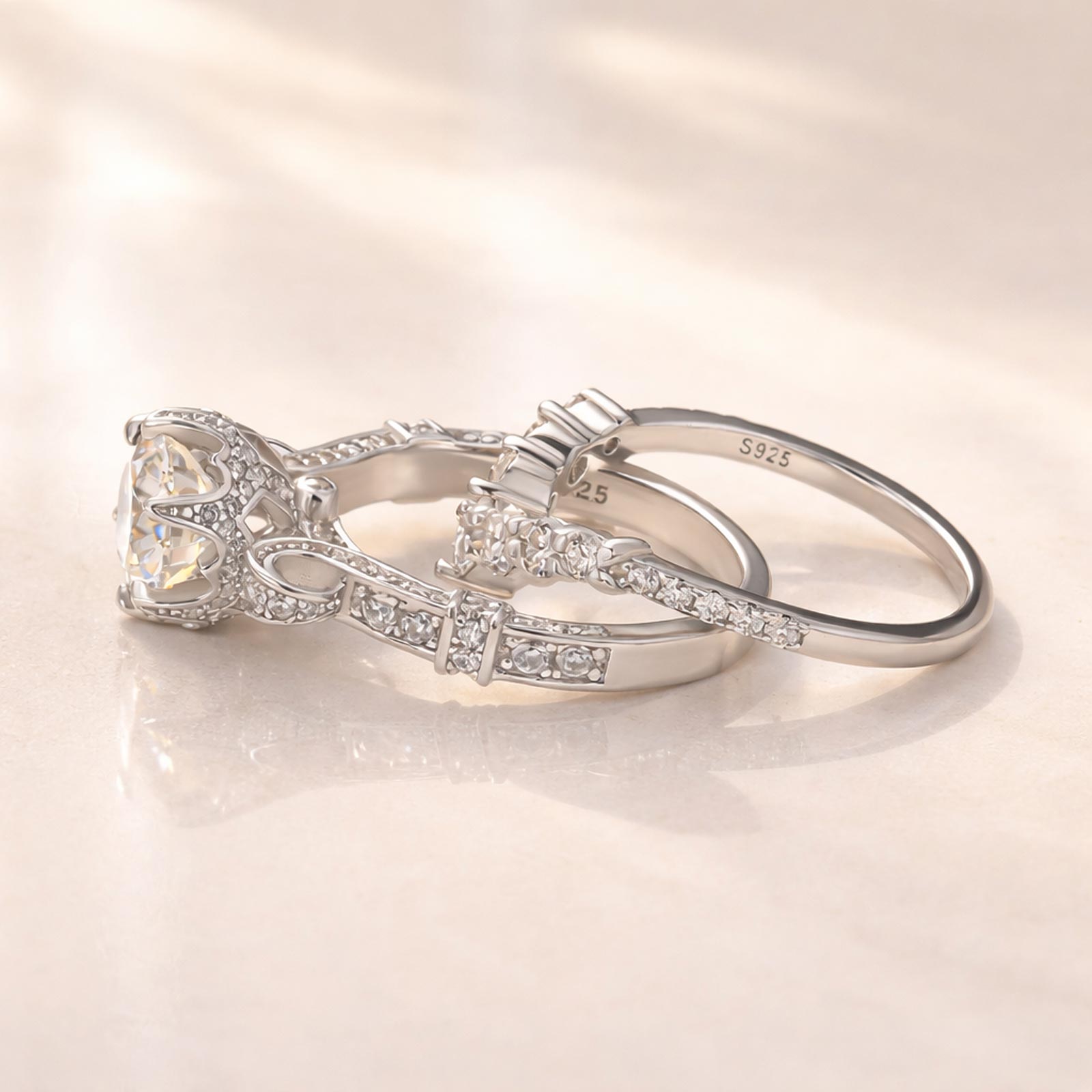 Moissanite 2.0Ct Round Cut Engagement Ring with 0.5Ct Round Wedding Band - louilyjewelry