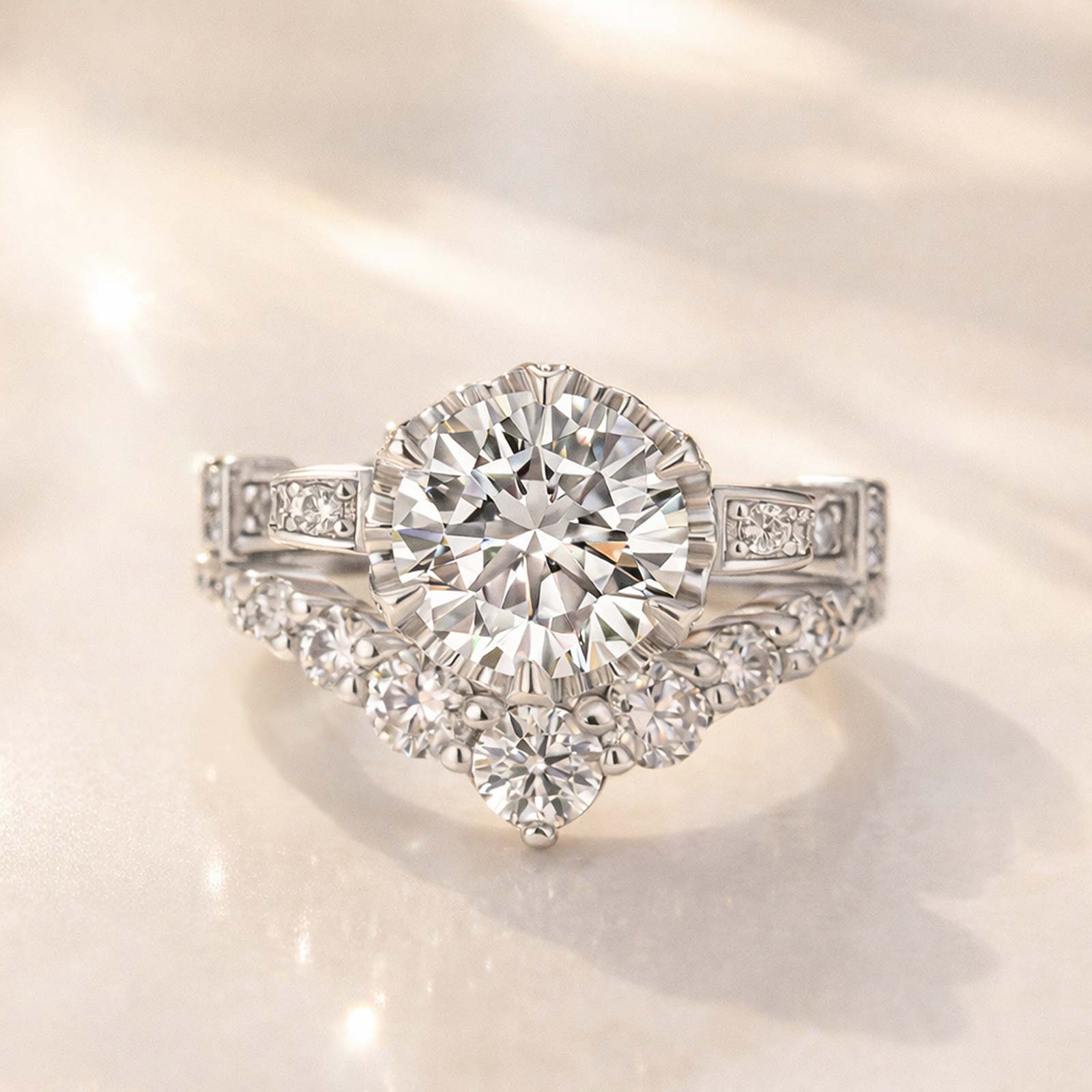 Moissanite 2.0Ct Round Cut Engagement Ring with 0.5Ct Round Wedding Band - louilyjewelry
