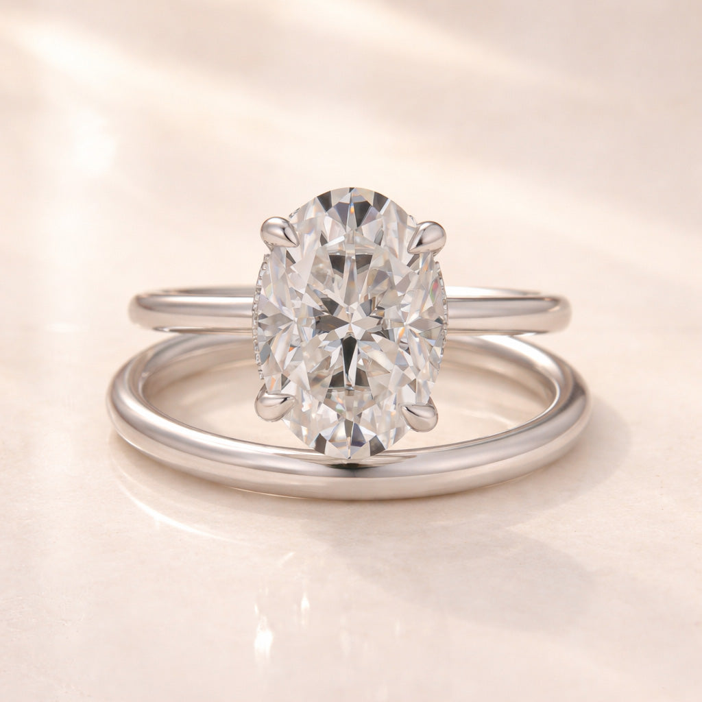 Moissanite 4.0Ct Solitaire Oval Cut White Gold Engagement Ring with Plain Wedding Band - louilyjewelry
