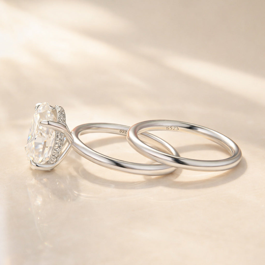 Moissanite 4.0Ct Solitaire Oval Cut White Gold Engagement Ring with Plain Wedding Band - louilyjewelry
