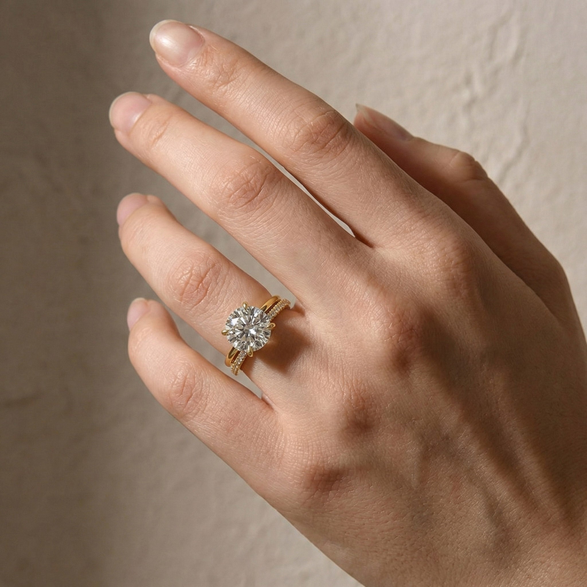 Moissanite 4.0Ct Solitaire Round Cut Yellow Gold Engagement Ring with Eternity Thin Wedding Band - louilyjewelry