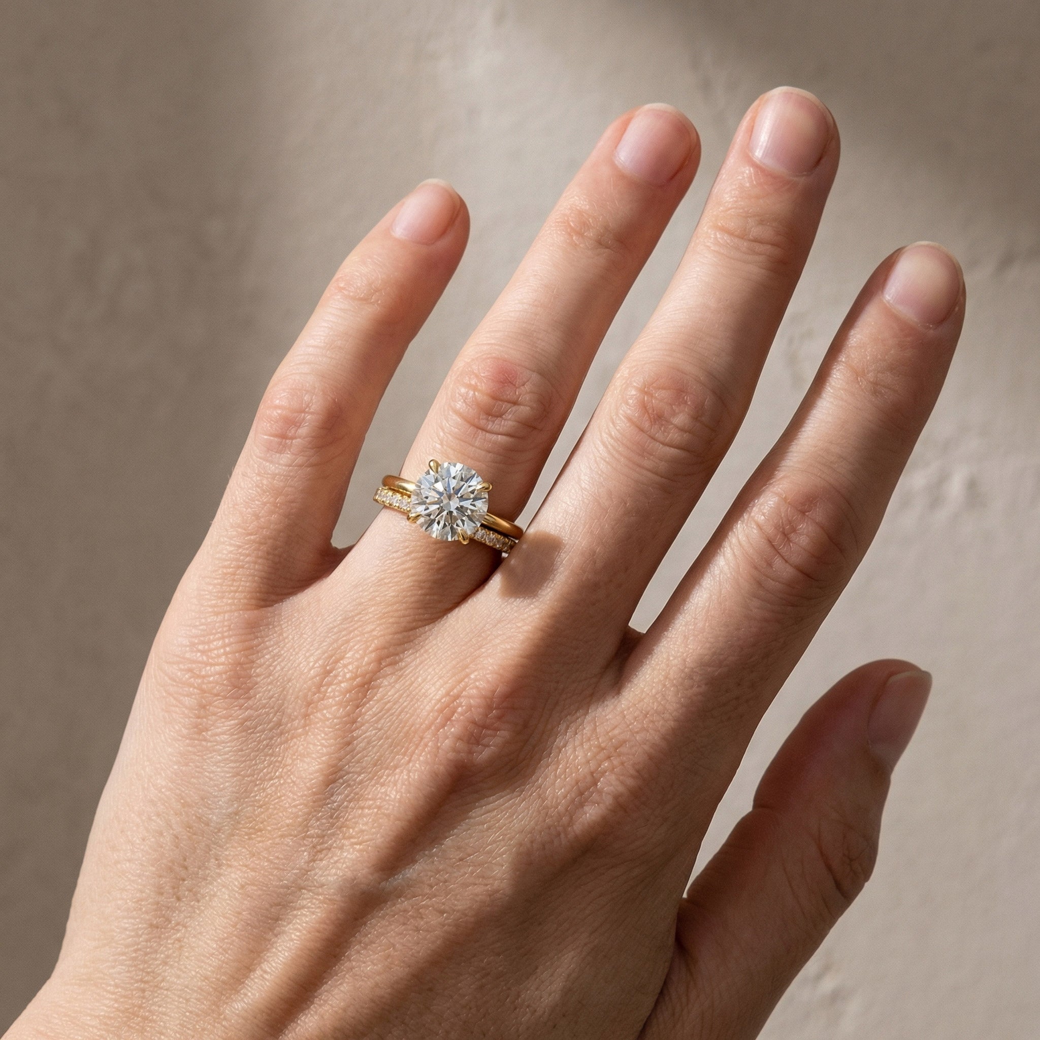 Moissanite 4.0Ct Solitaire Round Cut Yellow Gold Engagement Ring with Eternity Thin Wedding Band - louilyjewelry