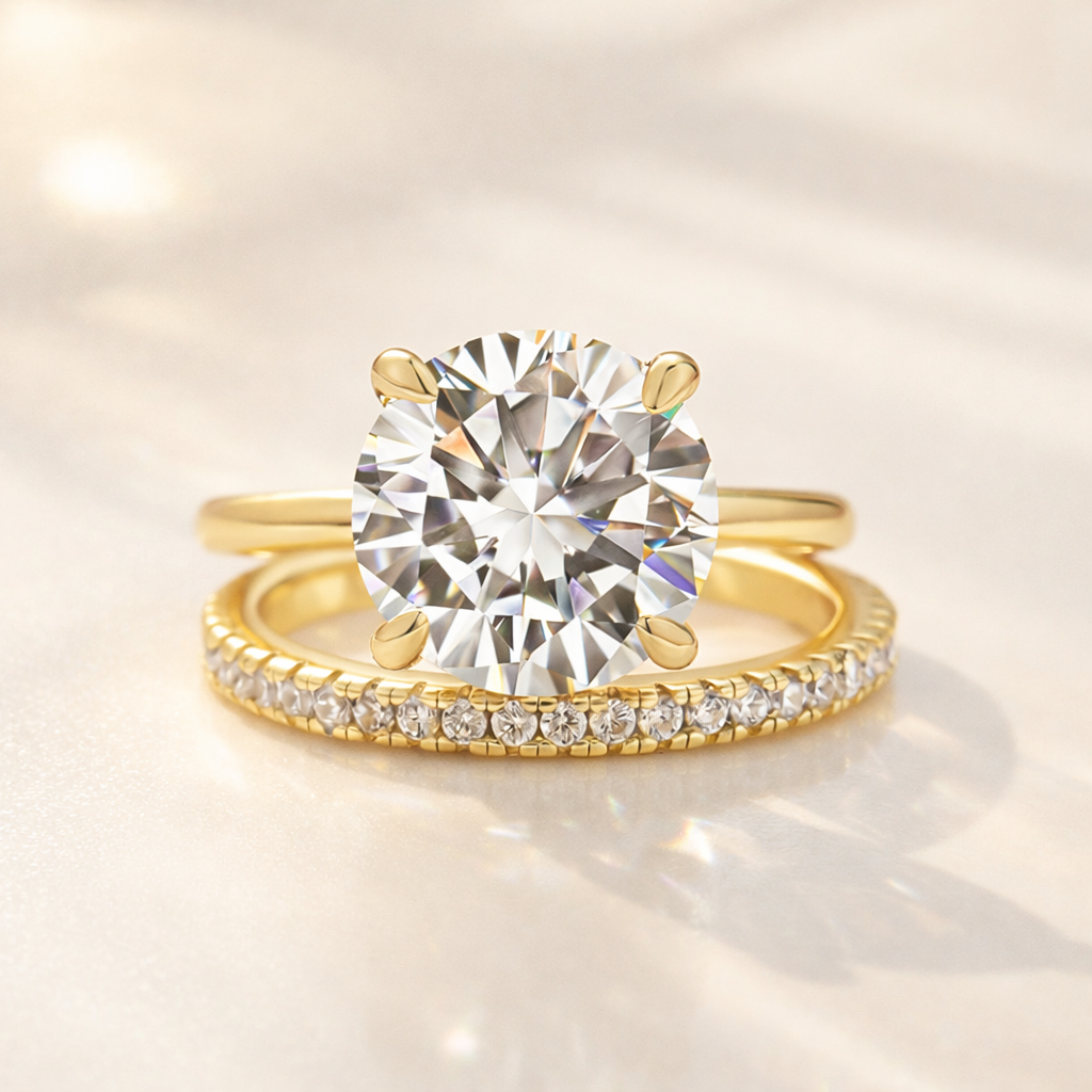 Moissanite 4.0Ct Solitaire Round Cut Yellow Gold Engagement Ring with Eternity Thin Wedding Band - louilyjewelry