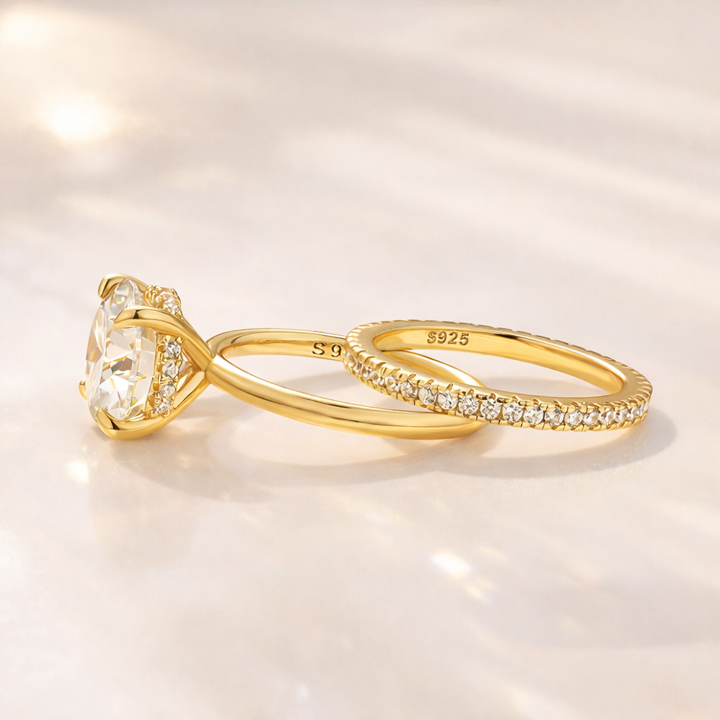 Moissanite 4.0Ct Solitaire Round Cut Yellow Gold Engagement Ring with Eternity Thin Wedding Band - louilyjewelry