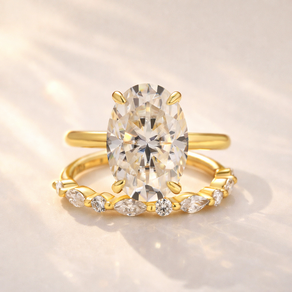 Moissanite 5.5Ct Solitaire Oval Cut Yellow Gold Engagement Ring with Marquise& Oval Cut Wedding Band - louilyjewelry