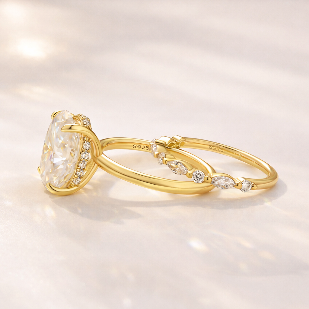 Moissanite 5.5Ct Solitaire Oval Cut Yellow Gold Engagement Ring with Marquise& Oval Cut Wedding Band - louilyjewelry