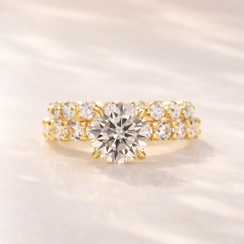 Moissanite 2.0Ct Side Stone Round Cut Yellow Gold Engagement Ring with 1.5Ct Round Cut Wedding Band - louilyjewelry
