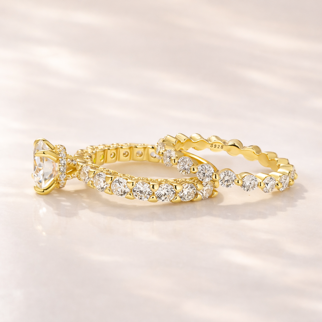 Moissanite 2.0Ct Side Stone Round Cut Yellow Gold Engagement Ring with 1.5Ct Round Cut Wedding Band - louilyjewelry