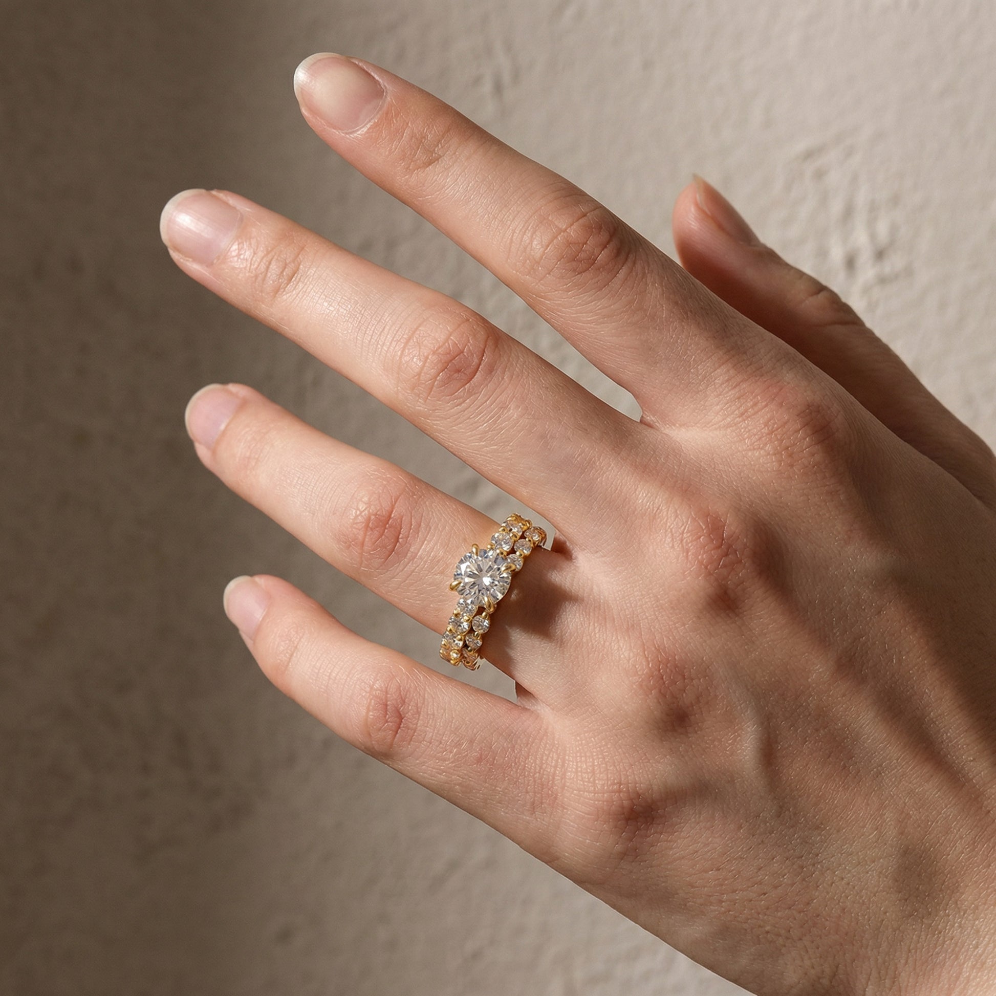 Moissanite 2.0Ct Side Stone Round Cut Yellow Gold Engagement Ring with 1.5Ct Round Cut Wedding Band - louilyjewelry