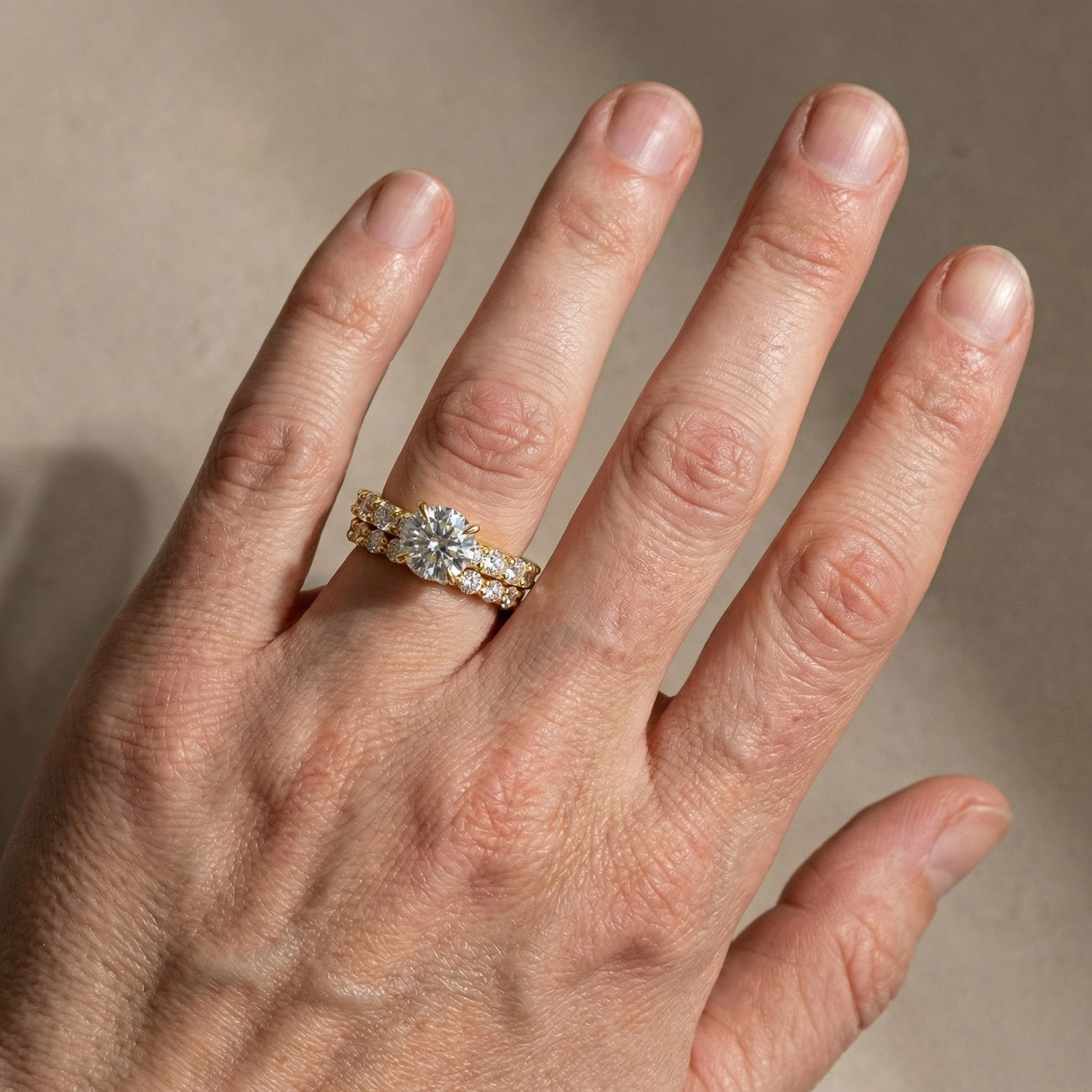 Moissanite 2.0Ct Side Stone Round Cut Yellow Gold Engagement Ring with 1.5Ct Round Cut Wedding Band - louilyjewelry