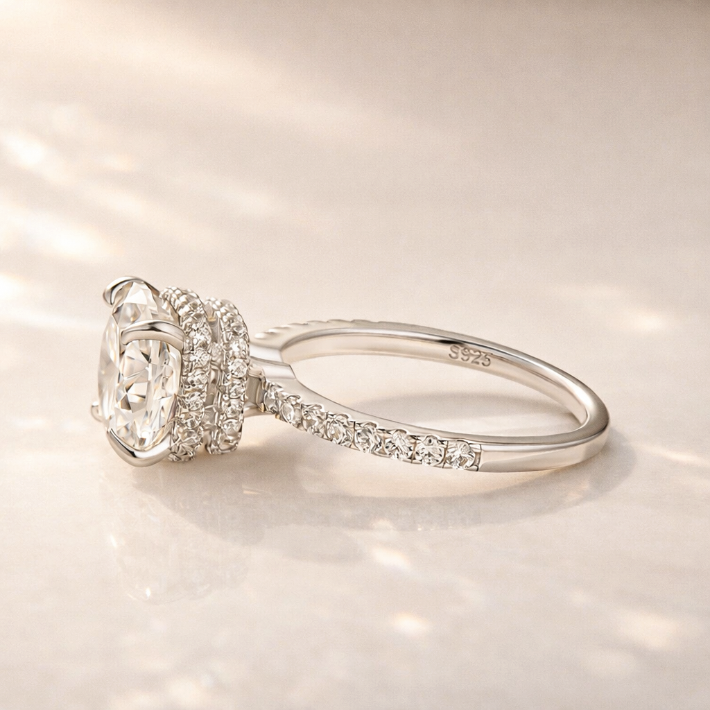 S925 Moissanite 3.5Ct Cushion Cut Hidden Halo Engagement Ring in Sterling Silver