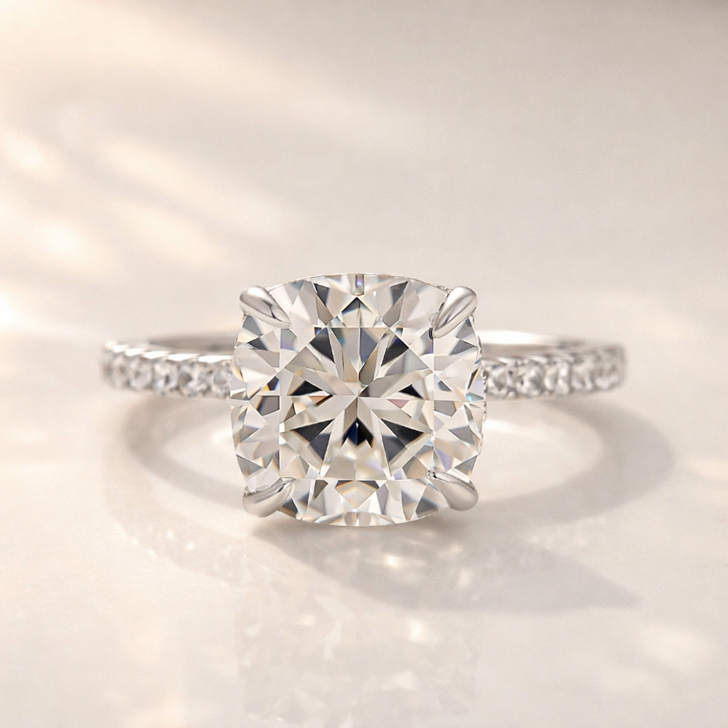 S925 Moissanite 3.5Ct Cushion Cut Hidden Halo Engagement Ring in Sterling Silver