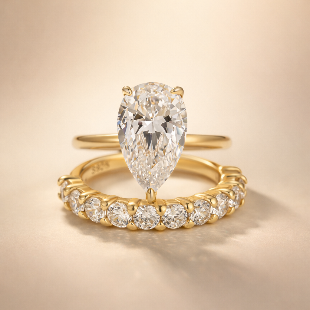 S925 4.0Ct Solitaire Pear Cut Sterling Silver Wedding Ring Sets Engagement Ring With Wedding Band