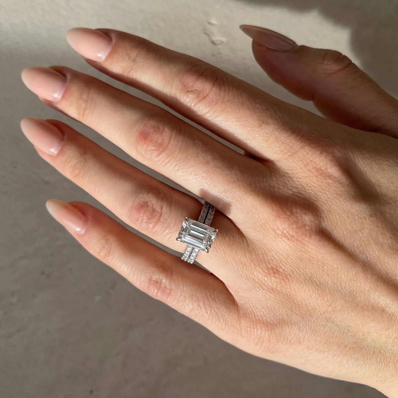 S925 3.5Ct Emerald Cut White Gold Engagement Ring with Classic Half Eternity Thin Wedding Band