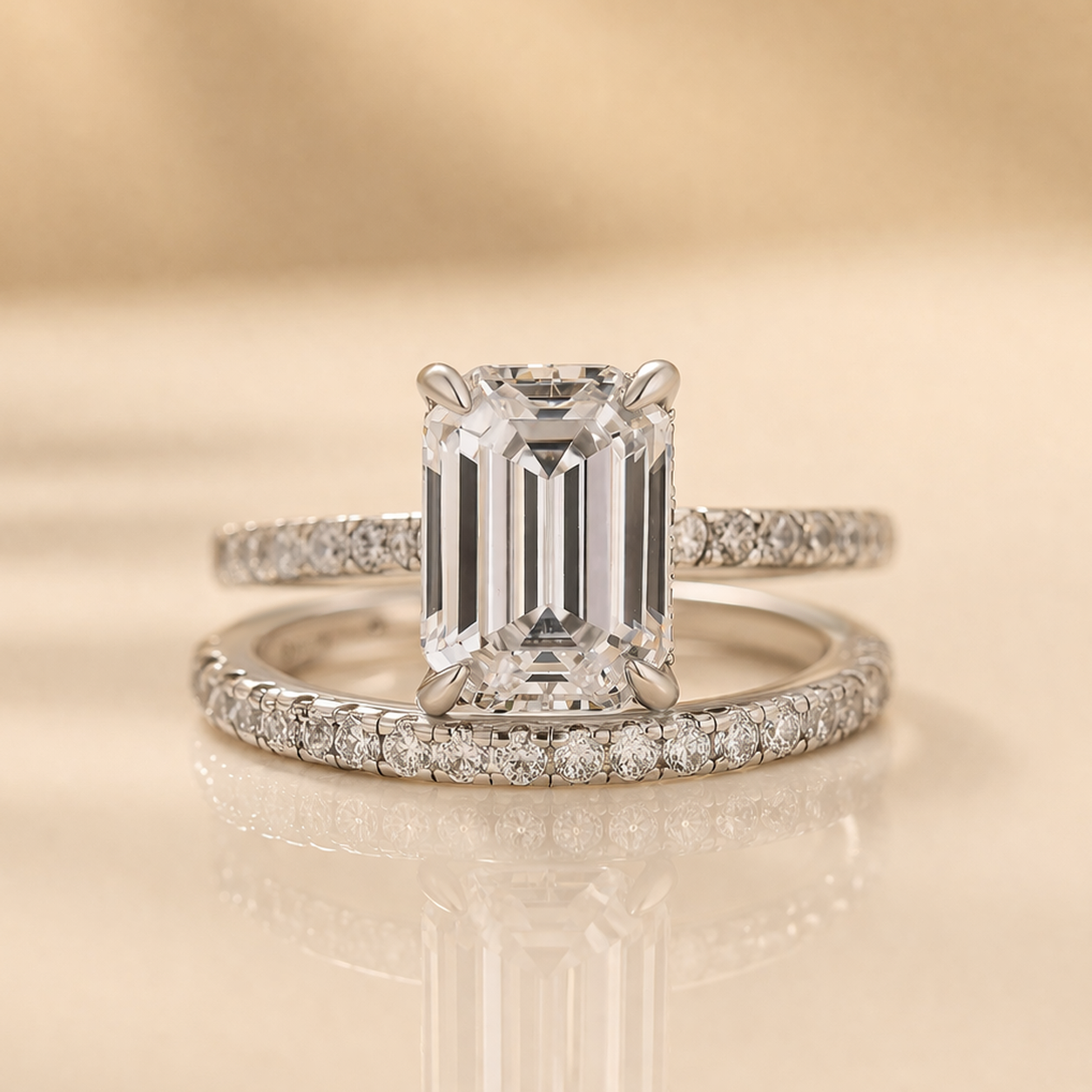 S925 3.5Ct Emerald Cut White Gold Engagement Ring with Classic Half Eternity Thin Wedding Band