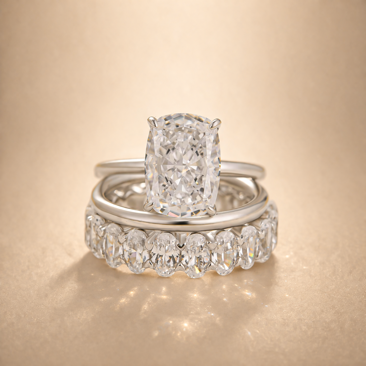 S925 4.5Ct Cushion Cut Engagement Ring Set with Oval Eternity Wedding Bands 3PC Stackable Ring Set for Women