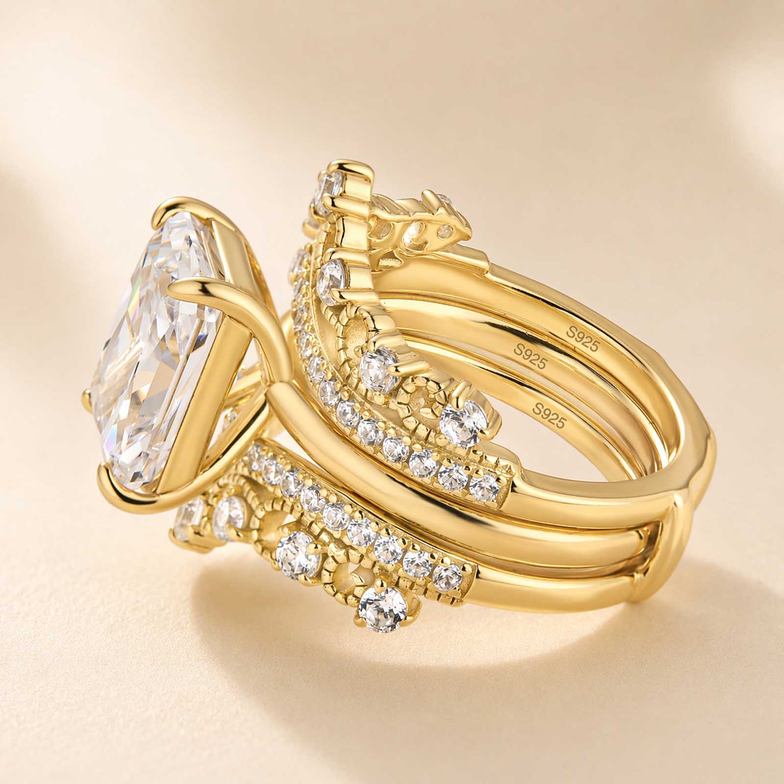 S925 4.5Ct Classic Radiant Cut Engagement Ring In Sterling Silver with Crown-Shaped Enhancer Wedding Band