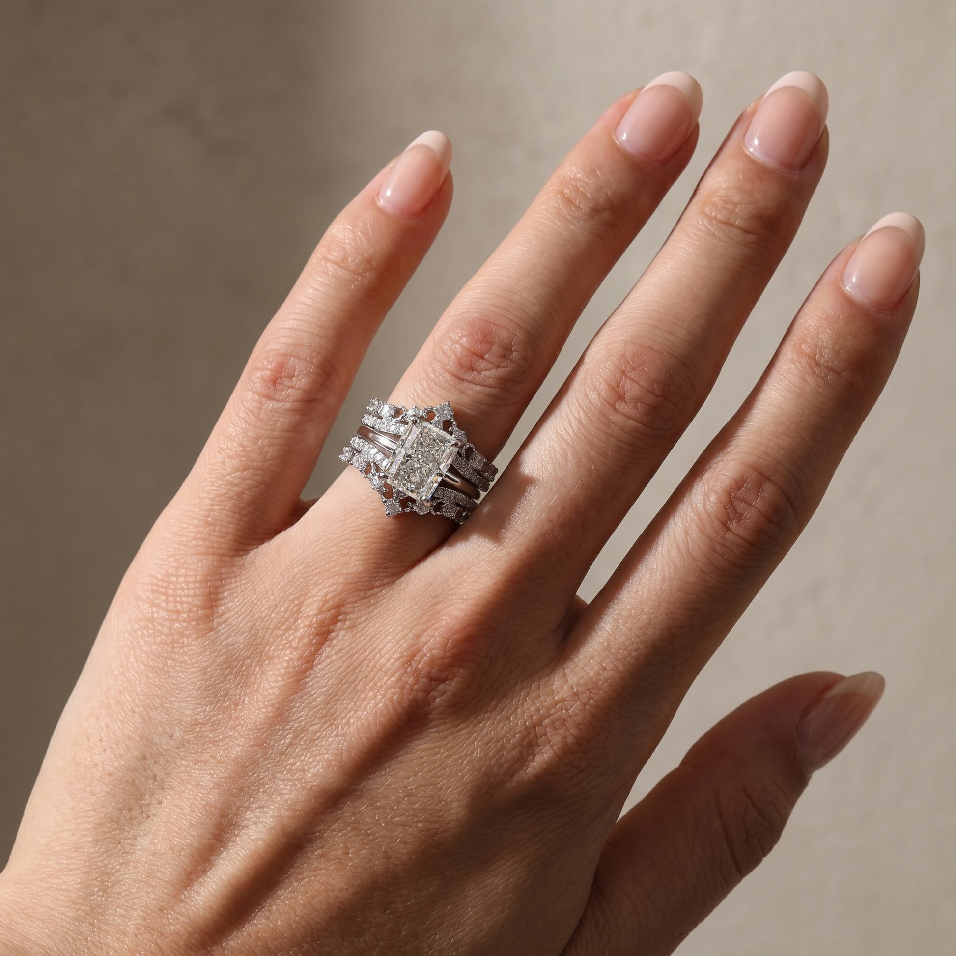 S925 4.5Ct Classic Radiant Cut Engagement Ring In Sterling Silver with Crown-Shaped Enhancer Wedding Band