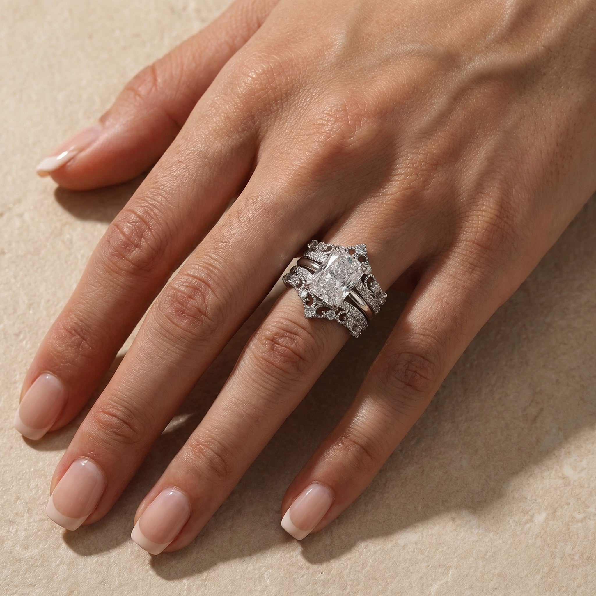 S925 4.5Ct Classic Radiant Cut Engagement Ring In Sterling Silver with Crown-Shaped Enhancer Wedding Band