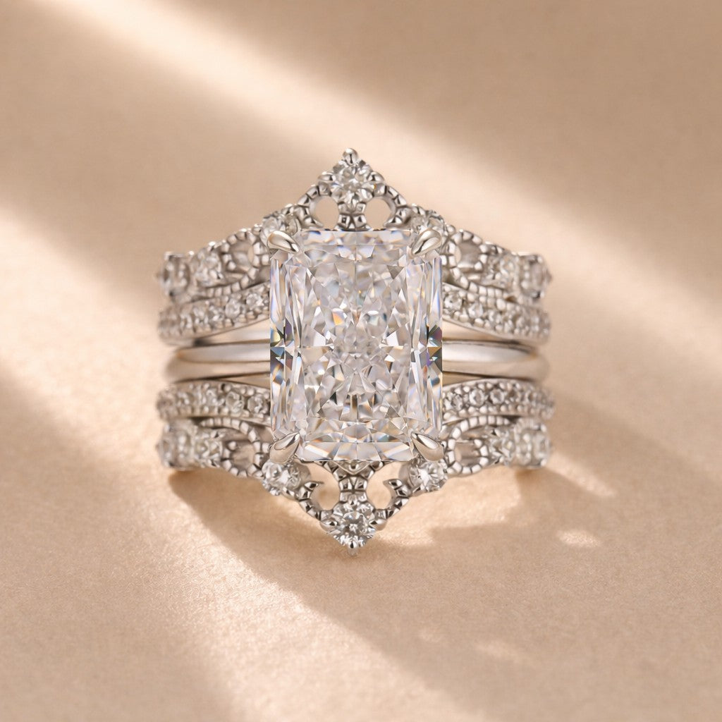 S925 4.5Ct Classic Radiant Cut Engagement Ring In Sterling Silver with Crown-Shaped Enhancer Wedding Band