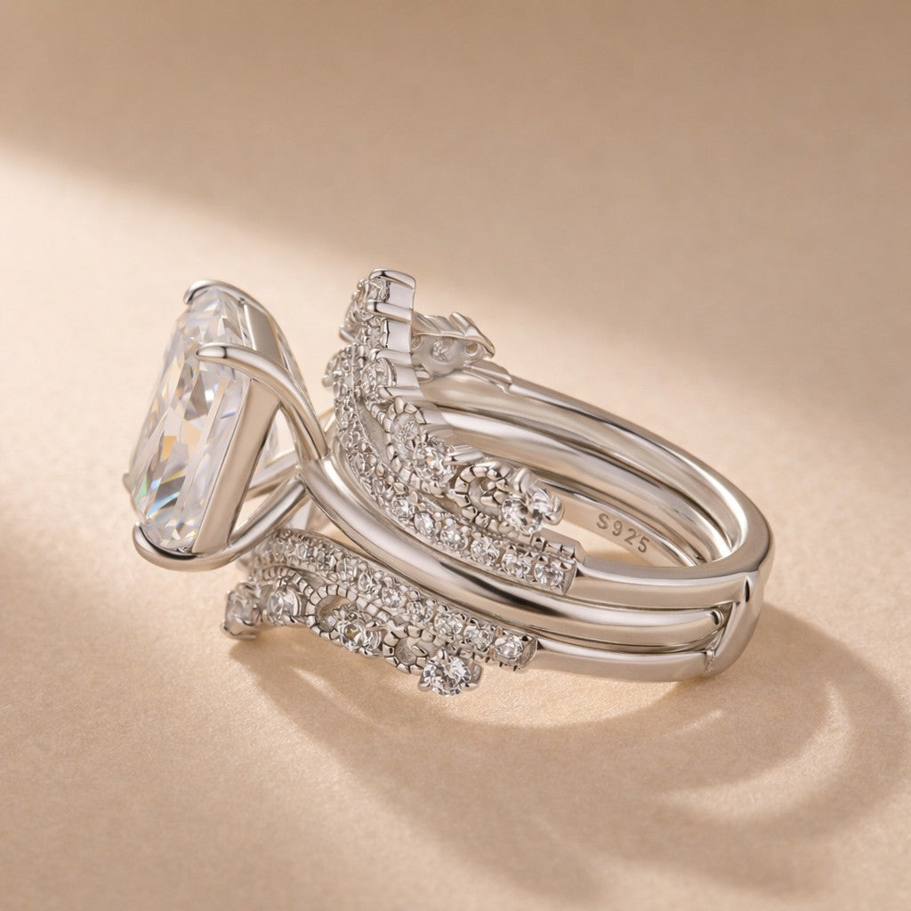 S925 4.5Ct Classic Radiant Cut Engagement Ring In Sterling Silver with Crown-Shaped Enhancer Wedding Band