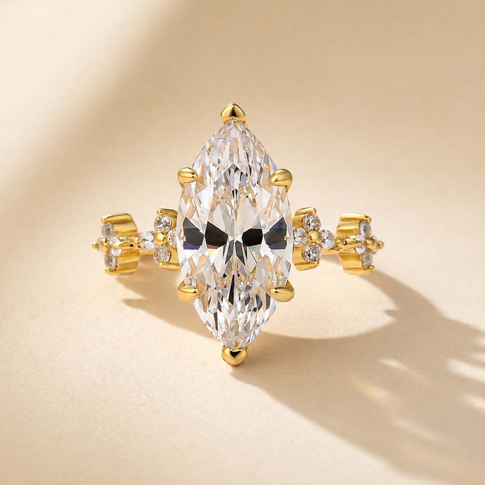 S925 4.0Ct Marquise Cut Vintage Yellow Gold Solitaire with Accent Stones Engagement Ring In Sterling Silver