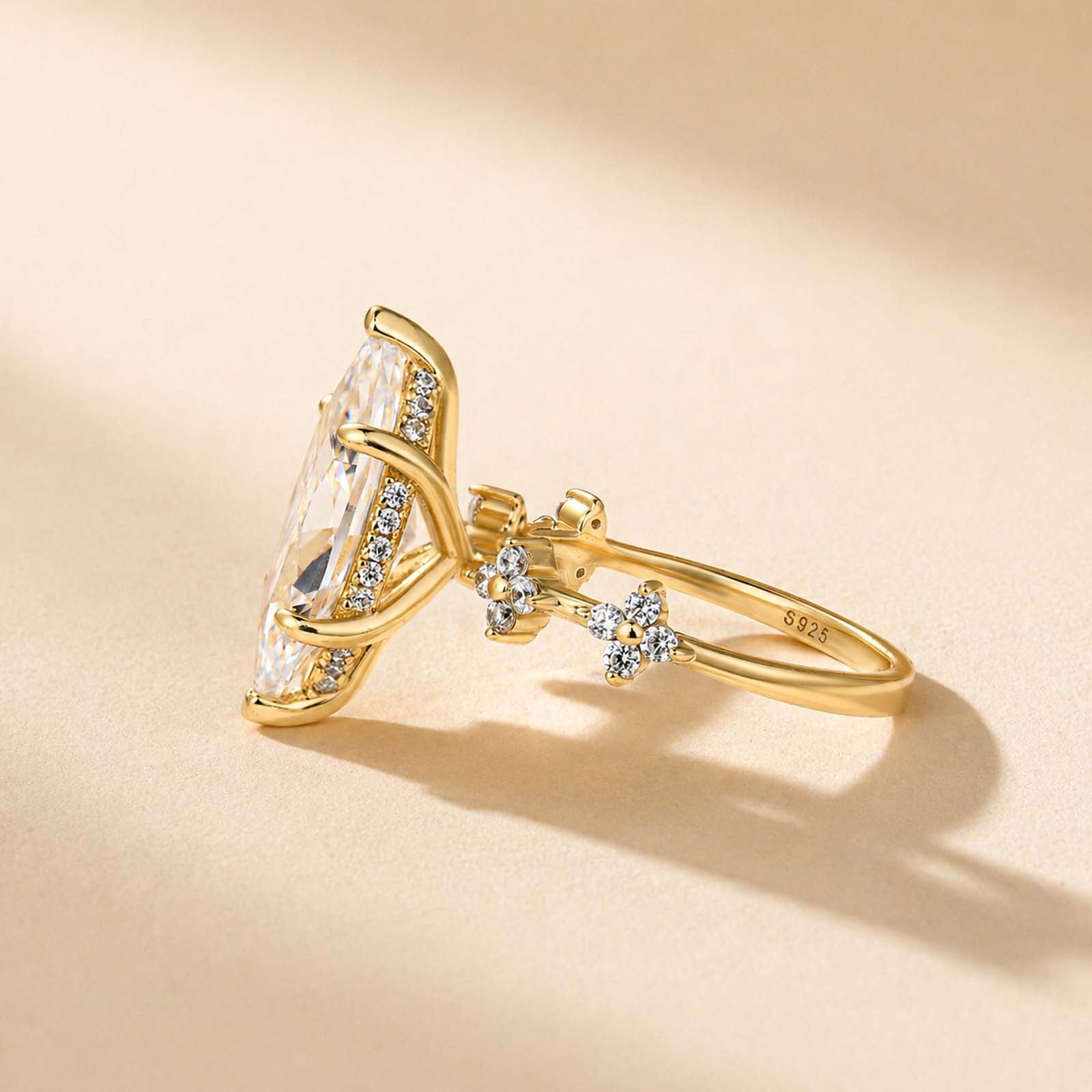 S925 4.0Ct Marquise Cut Vintage Yellow Gold Solitaire with Accent Stones Engagement Ring In Sterling Silver