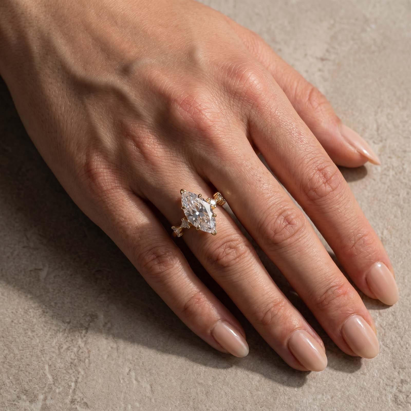 S925 4.0Ct Marquise Cut Vintage Yellow Gold Solitaire with Accent Stones Engagement Ring In Sterling Silver