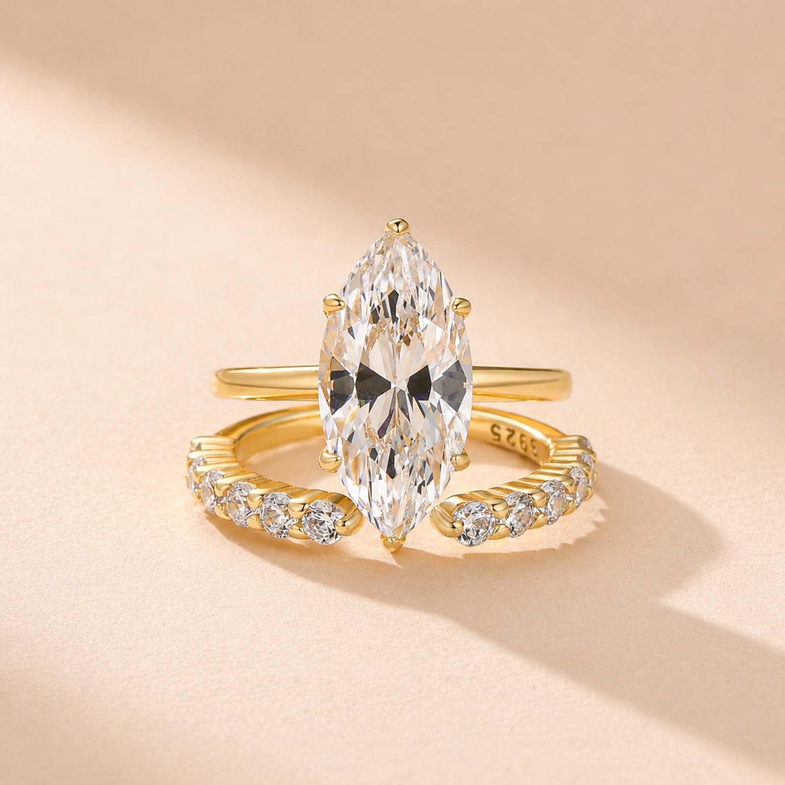 S925 4.0Ct Marquise Cut Engagement Ring Solitaire Engagement Ring with Classic Open Wedding Band