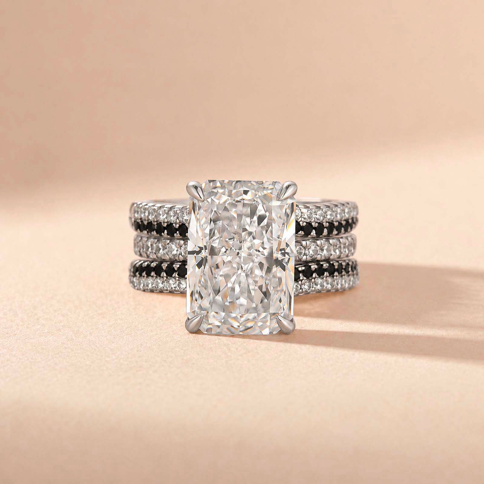 S925 7.0Ct Radiant Cut 2PC Wedding Sets Engagement Ring with Black & White Color Enhancer Wedding Band