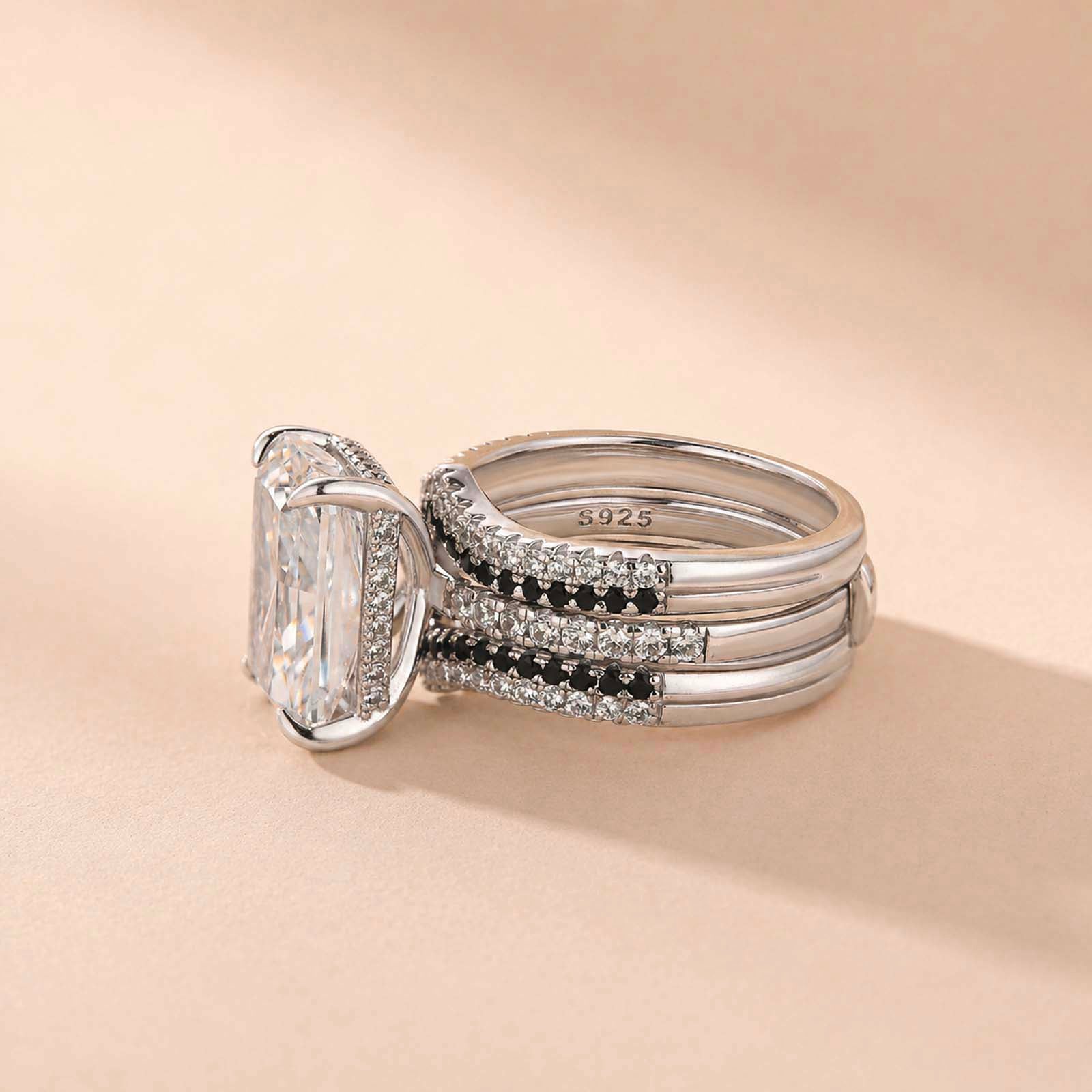 S925 7.0Ct Radiant Cut 2PC Wedding Sets Engagement Ring with Black & White Color Enhancer Wedding Band